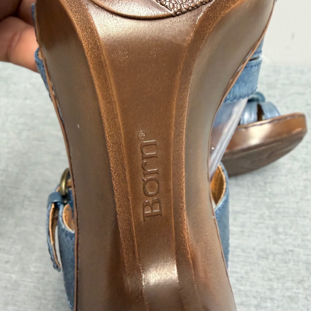 Born Sandals Women 8 Blue W42172 Leather Floral Applique Platform Block Heel - Picture 13 of 14